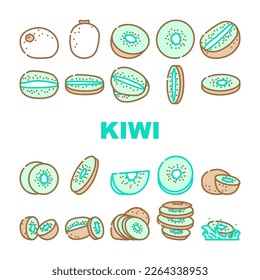 kiwi food green fresh icons set vector. half healthy, ripe sweet, cut diet juicy, juice natural, nature organic slice, raw kiwi food green fresh color line illustrations