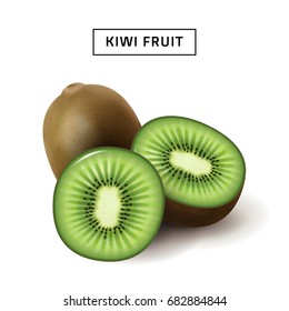 Kiwi fruit 3d illustration, close up fruit isolated on white background, sliced kiwi