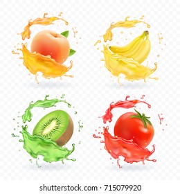 Kiwi fruit, banana, tomato, peach apricot juice. Realistic fresh splashes vector fruits icon set