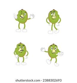 Kiwi fruit cartoon character with greenish brown fuzzy skin and pointing hand gesture,for agriculture or fresh food design. Kiwi fruit vector characters, Cartoon cute Kiwi fruit cartoon emoticons.