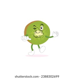 Kiwi fruit cartoon character with greenish brown fuzzy skin and pointing hand gesture,for agriculture or fresh food design. Kiwi fruit vector characters, Cartoon cute Kiwi fruit cartoon emoticons.