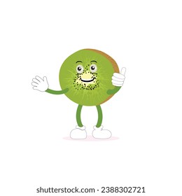 Kiwi fruit cartoon character with greenish brown fuzzy skin and pointing hand gesture,for agriculture or fresh food design. Kiwi fruit vector characters, Cartoon cute Kiwi fruit cartoon emoticons.