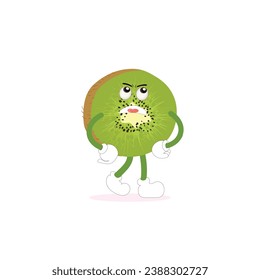 Kiwi fruit cartoon character with greenish brown fuzzy skin and pointing hand gesture,for agriculture or fresh food design. Kiwi fruit vector characters, Cartoon cute Kiwi fruit cartoon emoticons.
