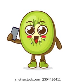kiwi fruit cartoon character holding a smartphone