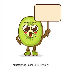 Kiwi Fruit cartoon mascot character holding a board sign message