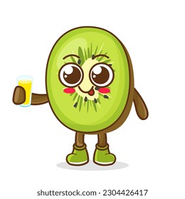 kiwi Fruit Cartoon Mascot Character Presenting And Holding Up A Glass Of Juice. Cute kiwi cartoon character holding a glass with juice.