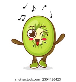 kiwi Fruit cartoon mascot character Listening music. Cute kiwi cartoon character dances to music