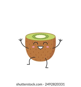 Kiwi fruit character cartoon greeting smiling face cheerful kawaii joy happy emotions icon vector illustration.