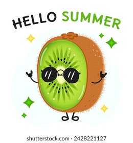 Carácter de kiwi. Hola tarjeta de verano. Icono de ilustración de personaje kawaii dibujado a mano vectorial. Aislado sobre fondo blanco Kiwi concepto de personaje de fruta