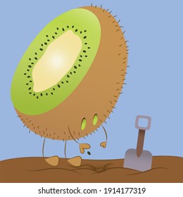 Kiwi fruit character planting a seed in the ground. Mood: parenting, growth, motivation, inspiration. Vector illustration.