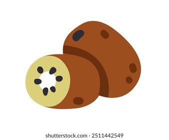 Kiwi, corte metade com polpa verde e sementes. Bagas exóticas frescas, comida orgânica doce natural madura tropical. Ícone de kiwis, vitamina. Ilustração vetorial gráfica plana isolada no plano de fundo branco