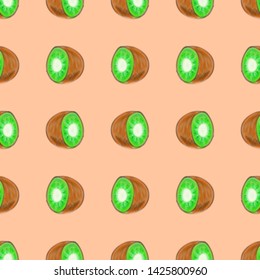 Kiwi Fruit Cut in Half on a Light Pink Background. Seamless Pattern