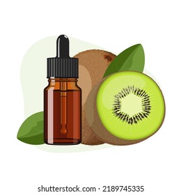Kiwi fruit essential oil in brown glass bottle, herbal alternative medicine treatment product, vector Illustration on white background