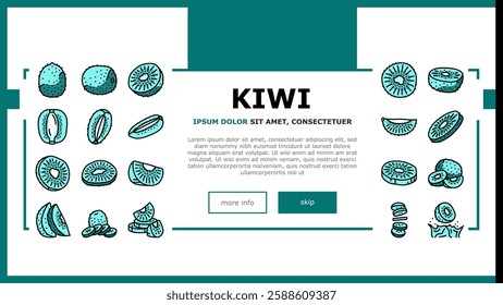 kiwi fruit green fresh slice landing web page vector. juicy healthy, food ripe, sweet cut, vegetarian half, freshness organic, ingredient kiwi fruit green fresh slice Illustration