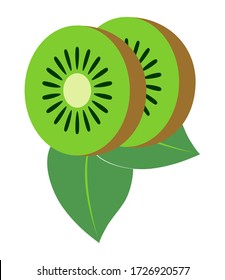 Kiwi fruit with green leaves isolated on white background. Slice of Kiwi.