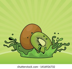 Kiwi fruit half cut with resfreshment drink splash on green striped background vector illustration graphic design