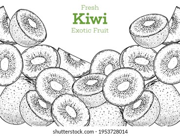 Kiwi fruit hand drawn frame. Sketch style. Vector illustration. Design, package, brochure illustration. Hand drawn kiwi fruits design template. Organic fresh food vector illustration.