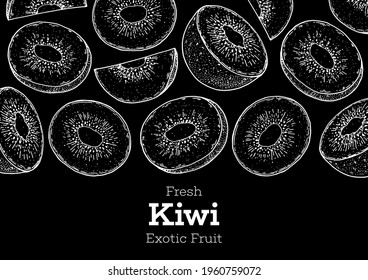 Kiwi fruit hand drawn frame. Sketch style. Vector illustration. Design, package, brochure illustration. Hand drawn kiwi fruits design template. Organic fresh food vector illustration.