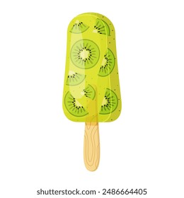 Kiwi fruit ice cream on wooden stick Colorful cold summer dessert, Frozen juice with berry pieces Kiwi popsicle Hand drawn flat style isolated cheerful and summery appearance. Vector illustration