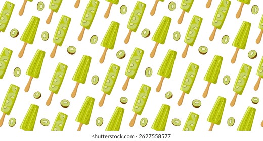 Kiwi Fruit. Ice Cream pattern seamless. Summer cold, frozen juice, fruit ice. Green ice cream with cream. Color illustration, cooking, food, cool dessert.