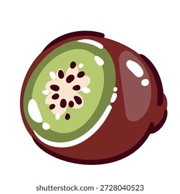 Ícone de fruta Kiwi com textura fatiada e cores planas. Seção transversal de kiwi verde com sementes e esboço em negrito, símbolo de alimentos frescos para menu, embalagem e nutrição saudável. Ilustração de vetor de desenhos animados.