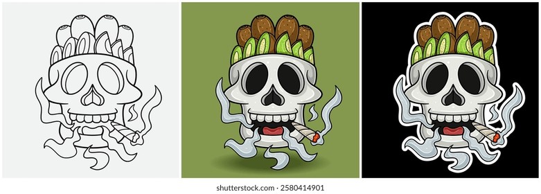 Kiwi Fruit Inside Skull Head With Smoking Character Cartoon. Black White, Colorful and Sticker Style. For T shirt print, Brand Logo, Label and Mascot product. Vectors Illustrations