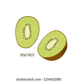 Kiwi Fruit Isolated On White Background. Slice Fruit And Cut Into Half. Farmer Market Logo. Organic Tropical Food Eco Template For Menu, Juice Label, Cosmetic Product, Fruit Website, Banner