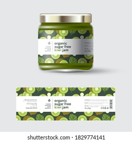 Kiwi Fruit Jam label and packaging. Jar with cap with label. White strip with text and on seamless pattern with fruits, flowers and leaves.