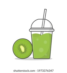 Kiwi Fruit Juice Or Milkshake In Takeaway Plastic Cup Vector Icon Illustration. Cold Drinks In Plastic Cups With Ice Flat Icon