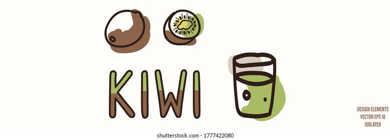 Kiwi Fruit Juice With Text Gender Neutral Baby Illustration Clipart. Simple Whimsical Minimal Earthy 2 Tone Color. Kids Nursery Room Decor Print Or Cartoon Animal Line Art Sticker.