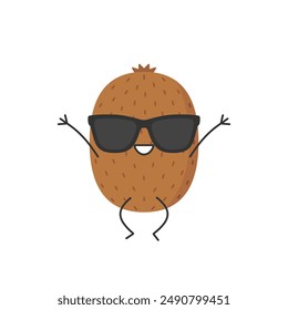 Kiwi fruit jumping greeting cute character cartoon sunglasses sweet smiling face cheerful kawaii joy happy emotions icon vector illustration.