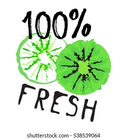 Kiwi fruit label and sticker - 100% Fresh. Vector illustration in watercolor style, for graphic and web design