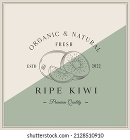 Kiwi Fruit Label Template. Abstract Vector Packaging Design Layout. Modern Typography Banner with Hand Drawn Kiwi with Slice Sketch Silhouette Background. Isolated.