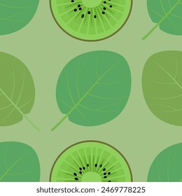 Kiwi fruit and leaves  green seamless pattern vector illustration
