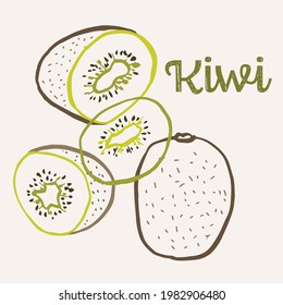 Kiwi fruit line art hand-drawn multicolor modern vector illustration. Colorful line art exotic fruit design.