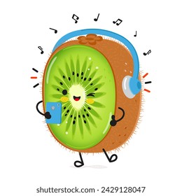 Kiwi fruit listens to music on headphones with a smartphone. Vector hand drawn cartoon kawaii character illustration icon. Isolated on white background. Kiwi fruit character concept