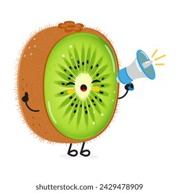Kiwi fruit with loudspeaker character. Vector hand drawn cartoon kawaii character illustration icon. Isolated on white background. Kiwi fruit screams character concept