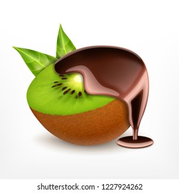 Kiwi fruit with melted chocolate. Vector icon. EPS10