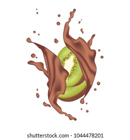 Kiwi fruit with milk chocolate splash crown isolated on white. Vector illustration.