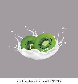 Kiwi fruit and milk splash, 3d style. Realistic vector illustration,vector icon