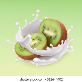 Kiwi fruit and milk splash. Fruit and yogurt. Realistic illustration. 3d vector icon