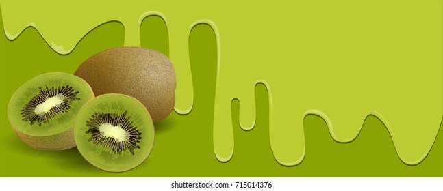 Kiwi fruit on Green background, flowing juicy water and copy space for text. vector illustration.