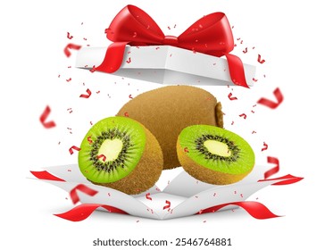 Kiwi fruta em caixa de presente aberto com um arco vermelho isolado no fundo transparente. Kiwi fresco e suculento como presente. Frutas maduras para uma alimentação saudável. Ilustração realista do vetor 3d.