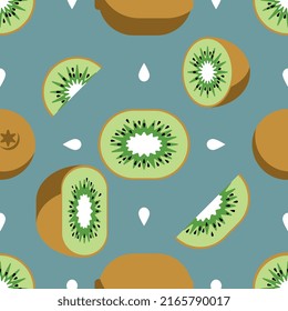 The kiwi fruit pattern on the green background. Tropical seamless pattern. Can be used like pattern for wrapping paper, textile. Vector flat  pattern.