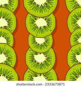 Patrón de fruto de Kiwi. Frutos exóticos de diseño moderno y luminoso con un fondo naranja. Frutas hawaianas verdes y frescas. Ilustración vectorial para fondos de escritorio, textiles, web, aplicación, portátiles, estuche, papel envolvente