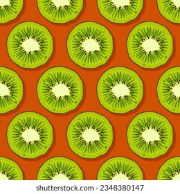 Kiwi fruit pattern. Trendy bright design exotic fruits on orange background. Fresh juicy green Hawaiian fruits. Vector illustration for wallpapers,textile, web, app, notebooks, case, wrapping paper