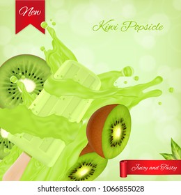 Kiwi fruit popsicle ads. Popsicle and kiwi fruit with splashing juice on a green background. EPS10 vector