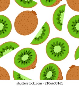 Kiwi fruit seamless pattern. Kiwi, cut in half, fruit slice and bones in cartoon style. Summer exotic fruits. Kiwi pattern on white background. Vector illustration.  Design for textile, poster.