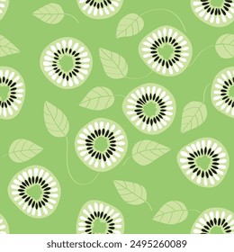 Kiwi fruit. Seamless pattern for decorating fashion designs, fabrics, wallpapers and prints on a green background.