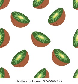 Kiwi fruit seamless pattern in flat hand-drawn style. Vector background with half kiwi fruit slices for healthy food packaging, organic market textile, kitchen wallpaper and summer cafe decor. Isolated on white background.